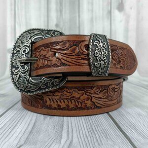 Western Leather Belt, Engraved Floral Tooled Leather Belt, Belt for Men & Women